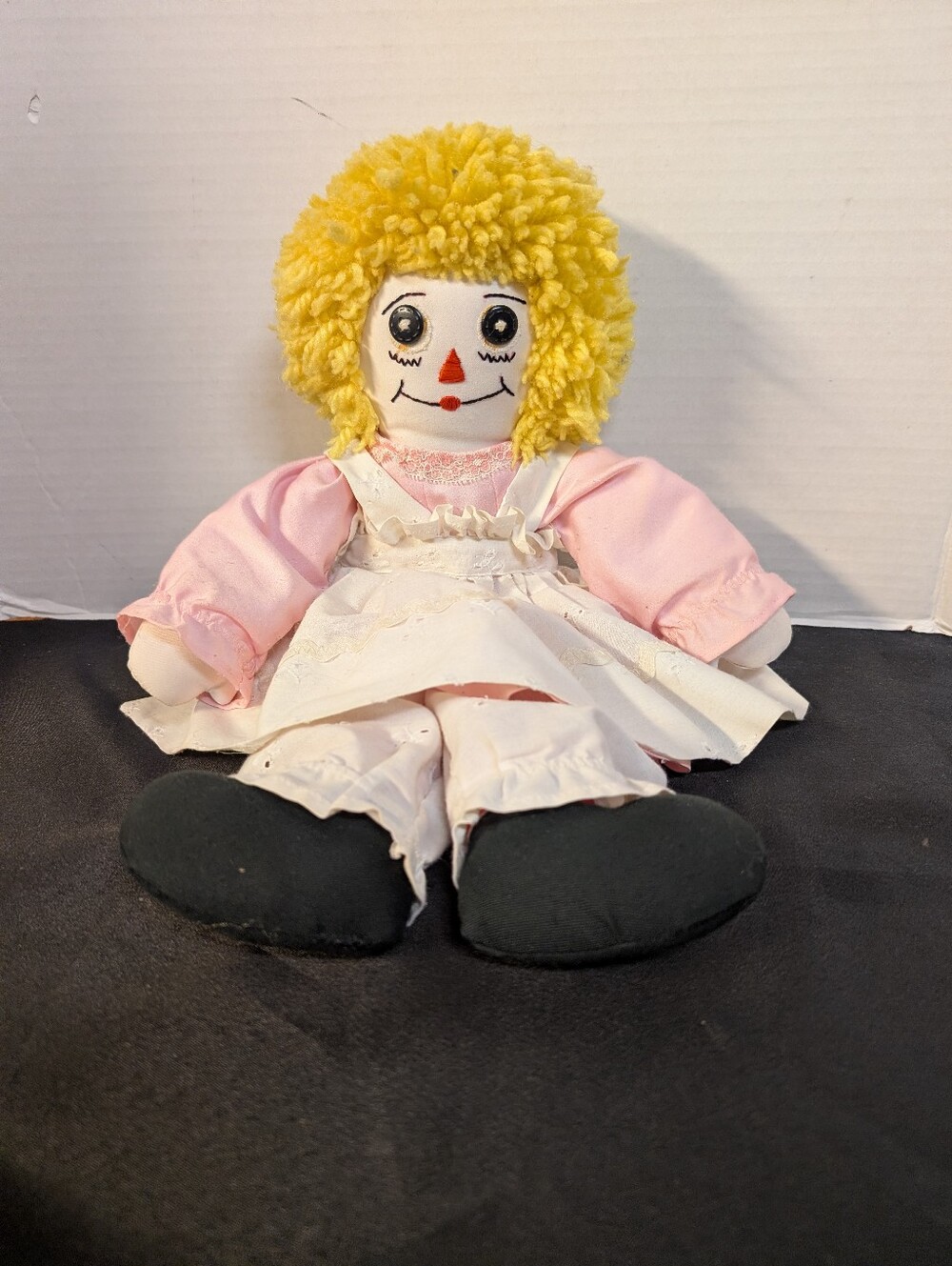 Vintage Rare 16" Unique Blonde Raggedy Ann Doll Handmade Yellow Yarn Hair 1970s